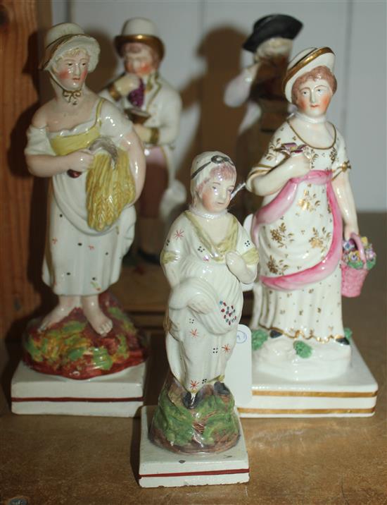 Four 19C Staffordshire figures emblematic of the Seaons, on square bases & a similar smaller figure